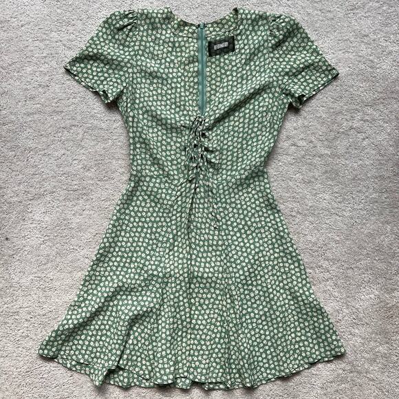 Reformation Green Floral Print V Neck Mini Dress - 6 - Picture 4 of 6